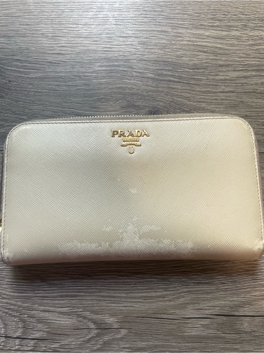 Prada Cream Saffiano Zip-Around Wallet with Gold Logo